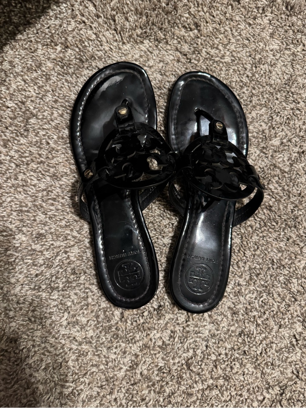 Tory Burch Black Miller Patent Leather Thong Sandals-size 9